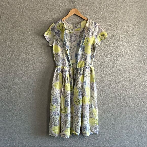 Mode O'Day True Vintage Dress Rose Print Yellow Blue Size Small Midi Union Made - Picture 5 of 8